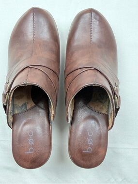 b.o.c. Brown Leather Mule Clogs with Strap Accents
